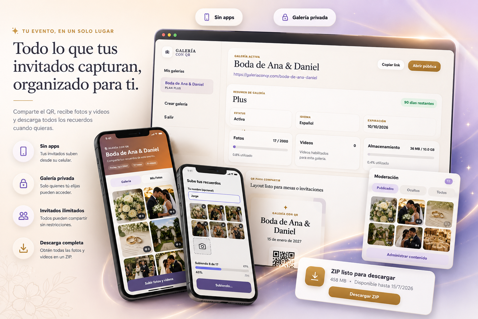 Galería con QR en computadora y celulares, con subida móvil, moderación y descarga ZIP